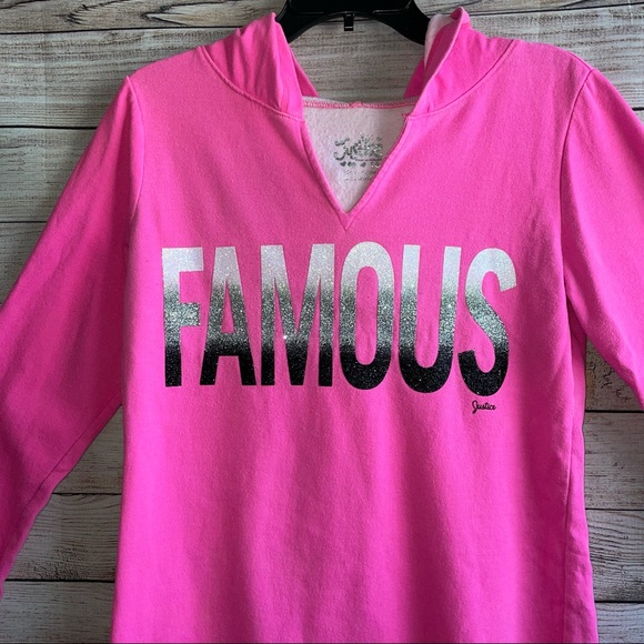 💕Justice sweatshirt Girls Size 18 Neon Pink Sparkle Famous Hooded Long sleeve - Picture 7 of 8